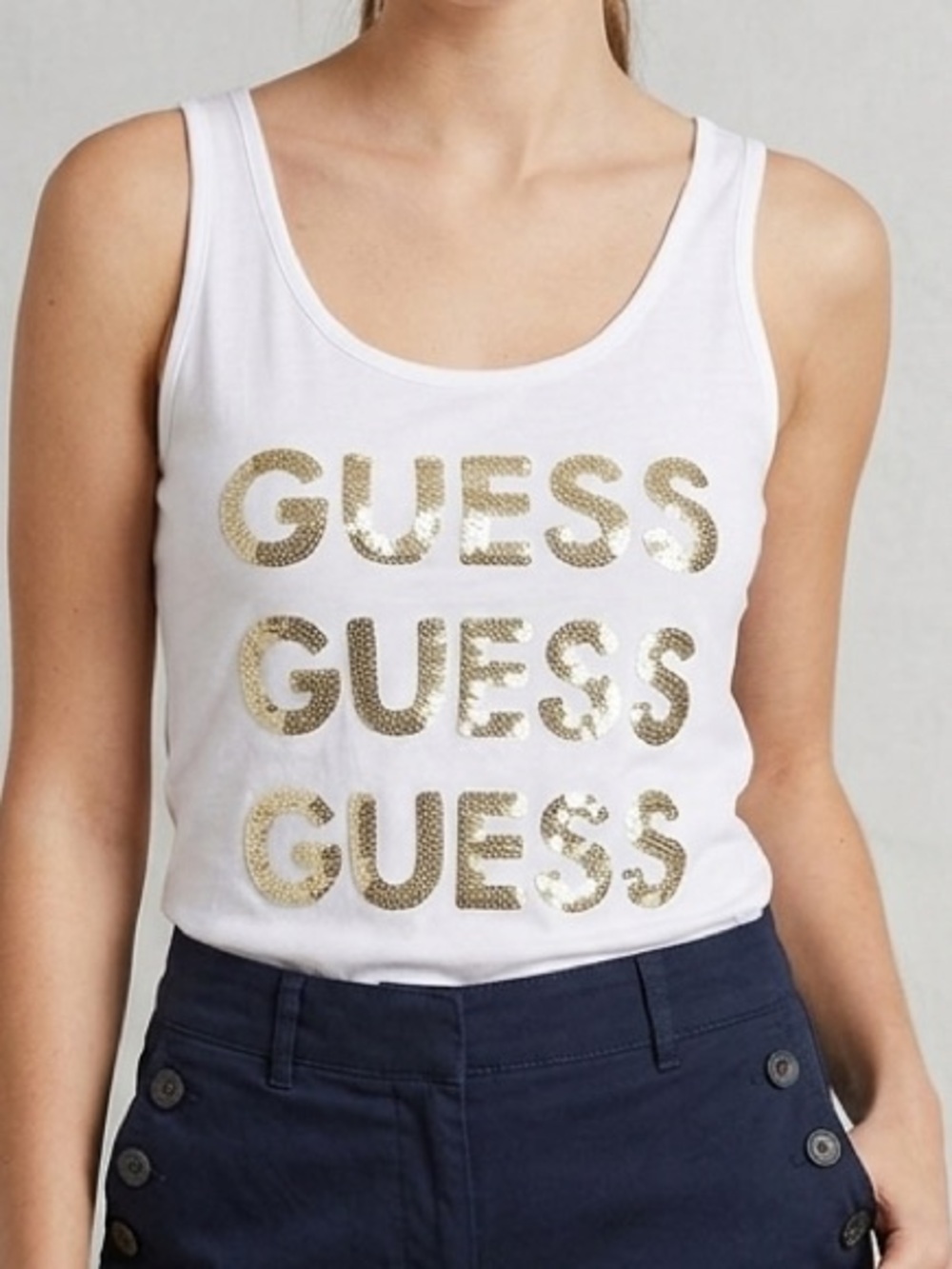 Guess White Tank Top with Gold Sequin Logo